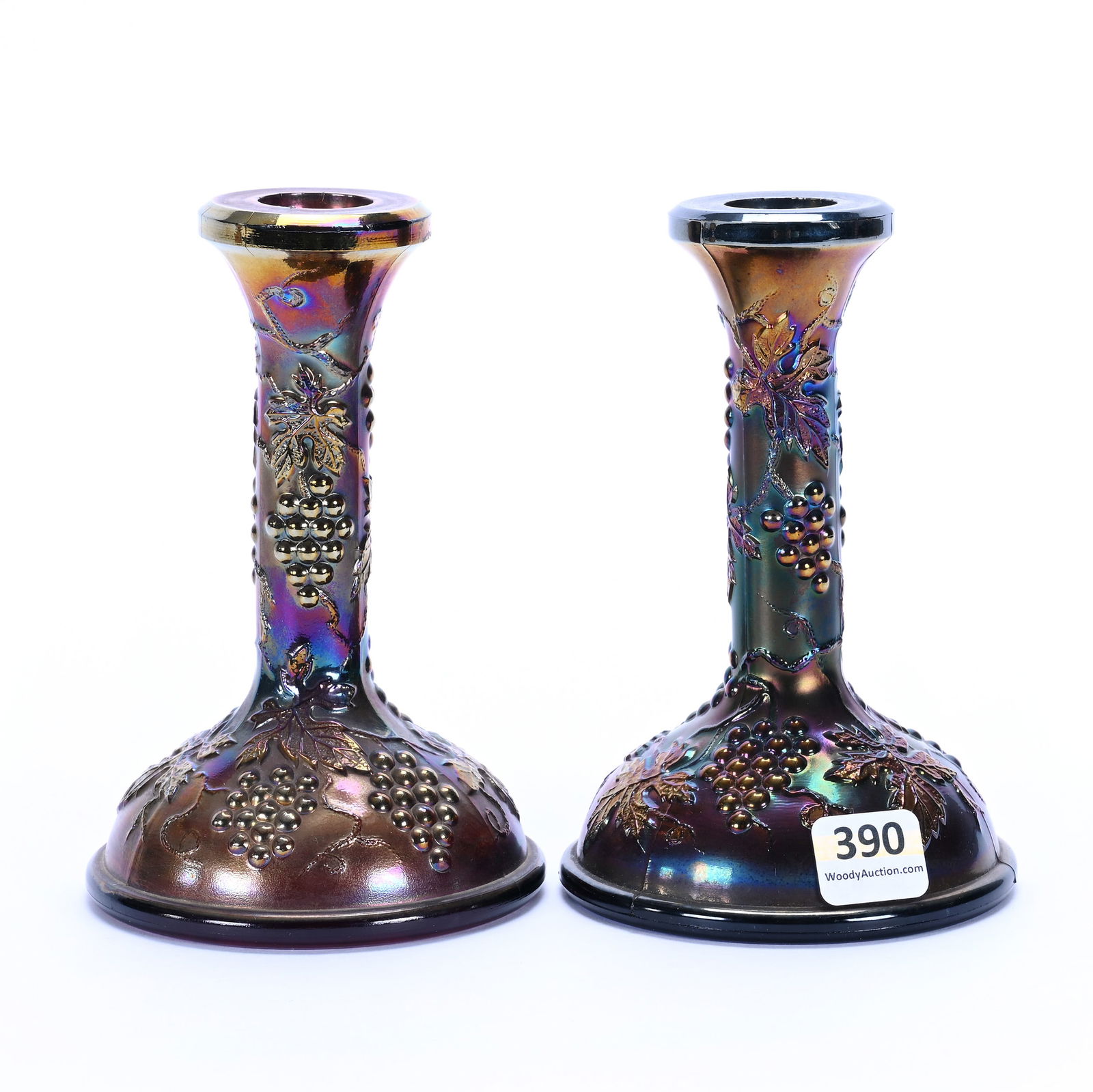 Pair Of Candle Stick Holders, Carnival Glass, Grape And Cable Pattern By Northwood (1 of 3)