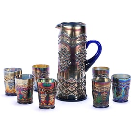 Water Set, Carnival Glass, Lattice And Grape By Fenton