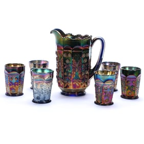 Water Set, Carnival Glass, Butterfly And Berry Pattern By Fenton