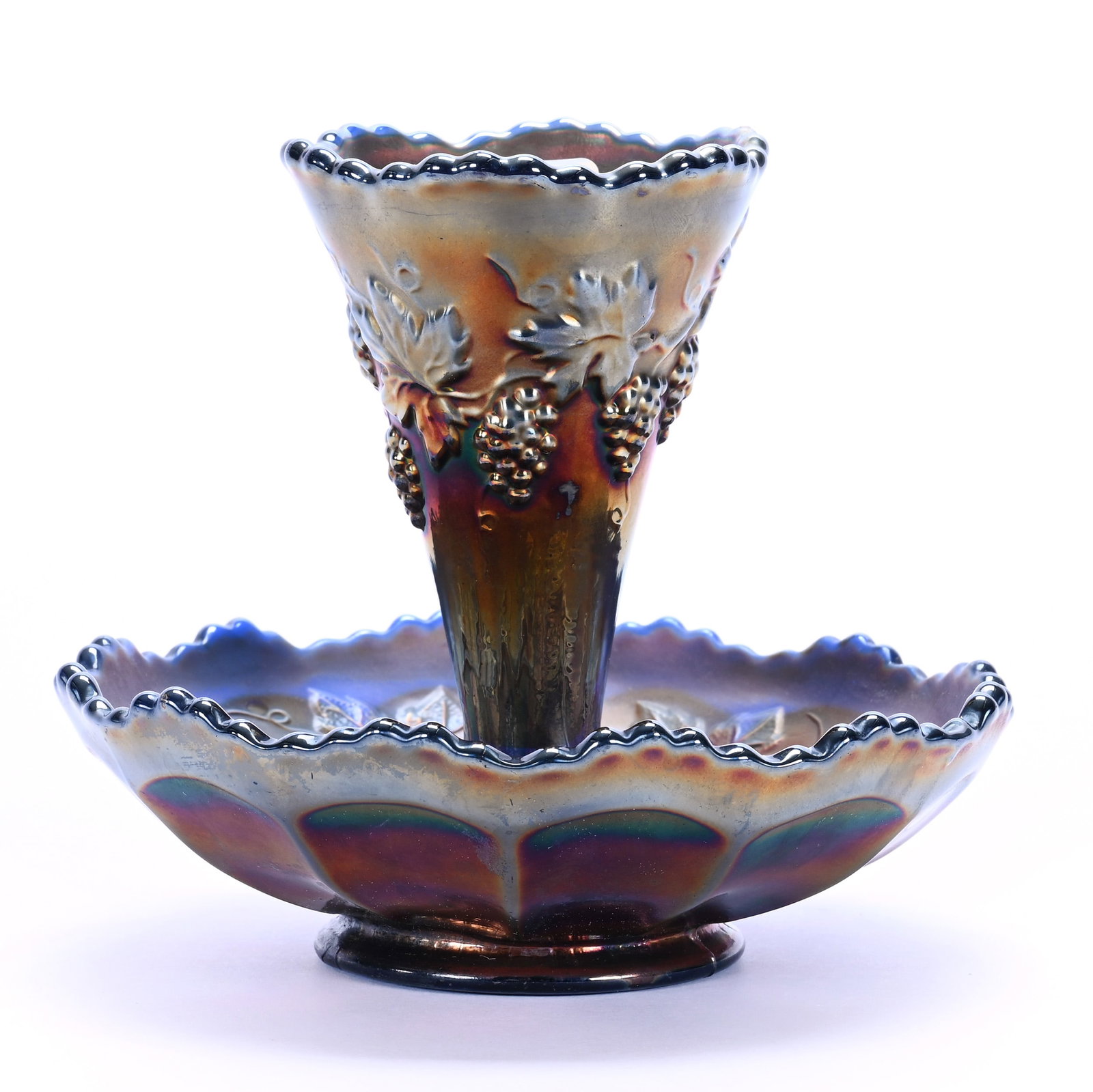 Epergne, Carnival Glass, Vintage Pattern By Fenton: Epergne, Carnival Glass, Vintage Pattern By Fenton, 5" x 5.5", Blue, Lou And The Late Norman Darland, TN.