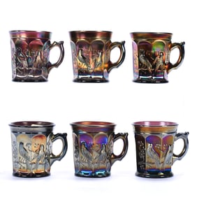 (6) Mugs, Carnival Glass, Singing Bird Pattern By Northwood