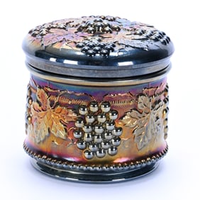 Powder Box, Carnival Glass, Grape And Cable Pattern By Northwood