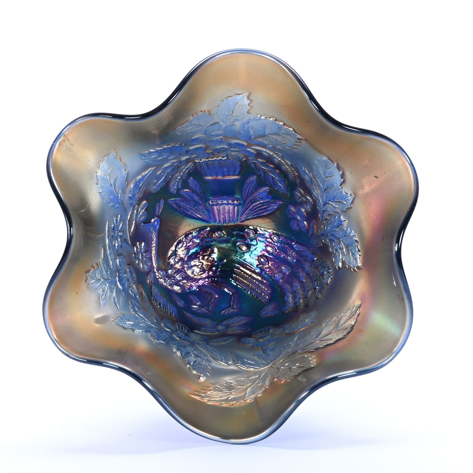 Compote, Carnival Glass, Peacock And Urn By Fenton: Compote, Carnival Glass, Peacock And Urn By Fenton, 5.5" x 5.75", Blue, Lou And The Late Norman Darland, TN.