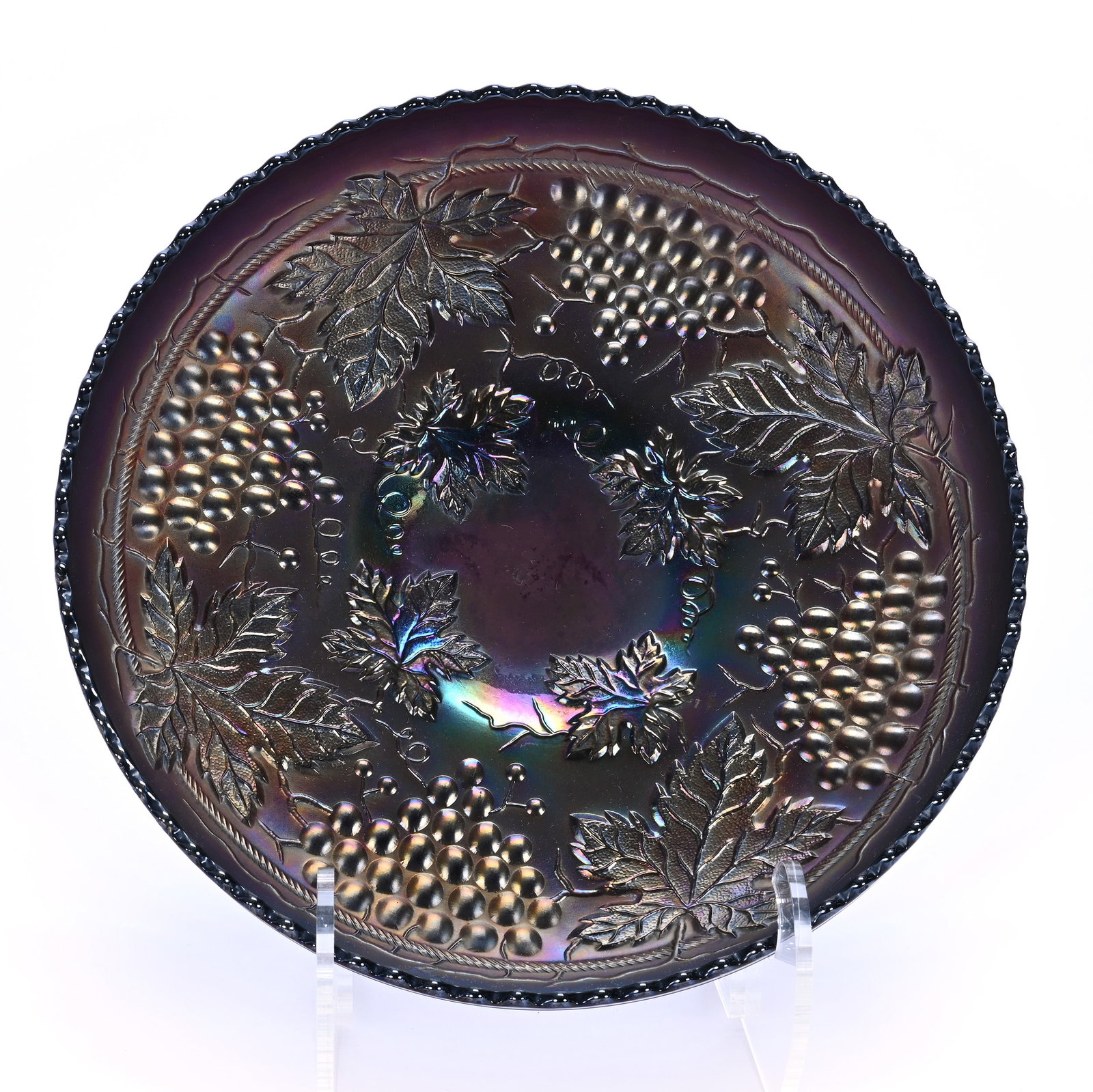 Ice Cream Shaped Bowl, Carnival Glass, Grape And Cable Pattern By Northwood: Ice Cream Shaped Bowl, Carnival Glass, Grape And Cable Pattern By Northwood, 10.5", Basket Weave Exterior, Purple, Rim Nick, Lou And The Late Norman Darland, TN.