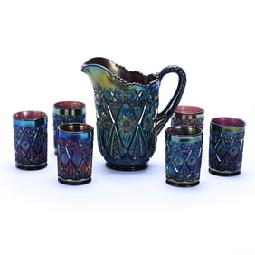 Water Set, Carnival Glass, Diamond Lace Pattern By Imperial