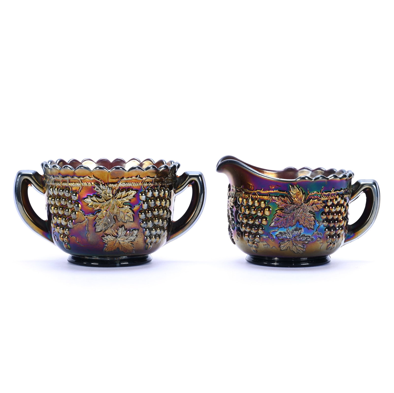 Breakfast Creamer And Sugar, Carnival Glass, Grape And Cable By Northwood: Breakfast Creamer And Sugar, Carnival Glass, Grape And Cable By Northwood, 3" x 5.5", Amethyst, Lou And The Late Norman Darland, TN.