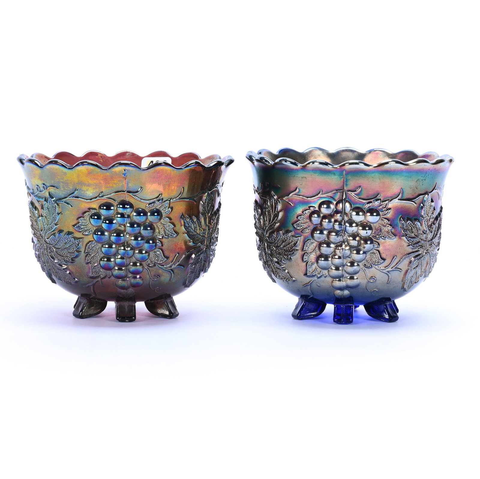 (2) Nut Bowls, Carnival Glass, Grape Delight By Dugan: (2) Nut Bowls, Carnival Glass, Grape Delight By Dugan, Approximately 4.25" x 5.5", (1) Blue, (1) Amethyst, Lou And The Late Norman Darland, TN.