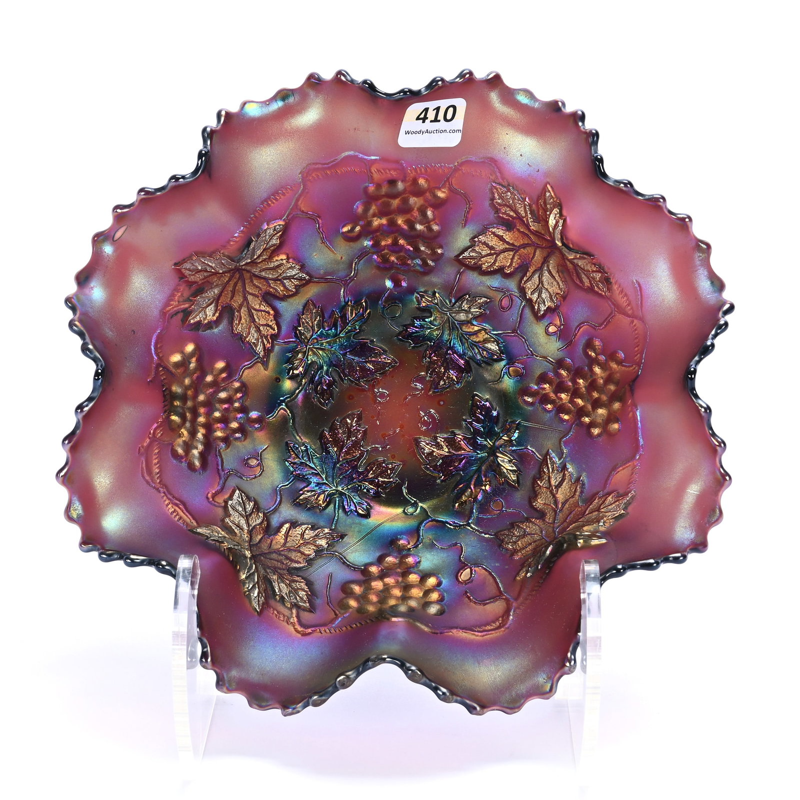 Bowl, Carnival Glass, Grape And Cable Pattern By Northwood: Bowl, Carnival Glass, Grape And Cable Pattern By Northwood, 8.75", Amethyst, Plain Exterior, Lou And The Late Norman Darland, TN.