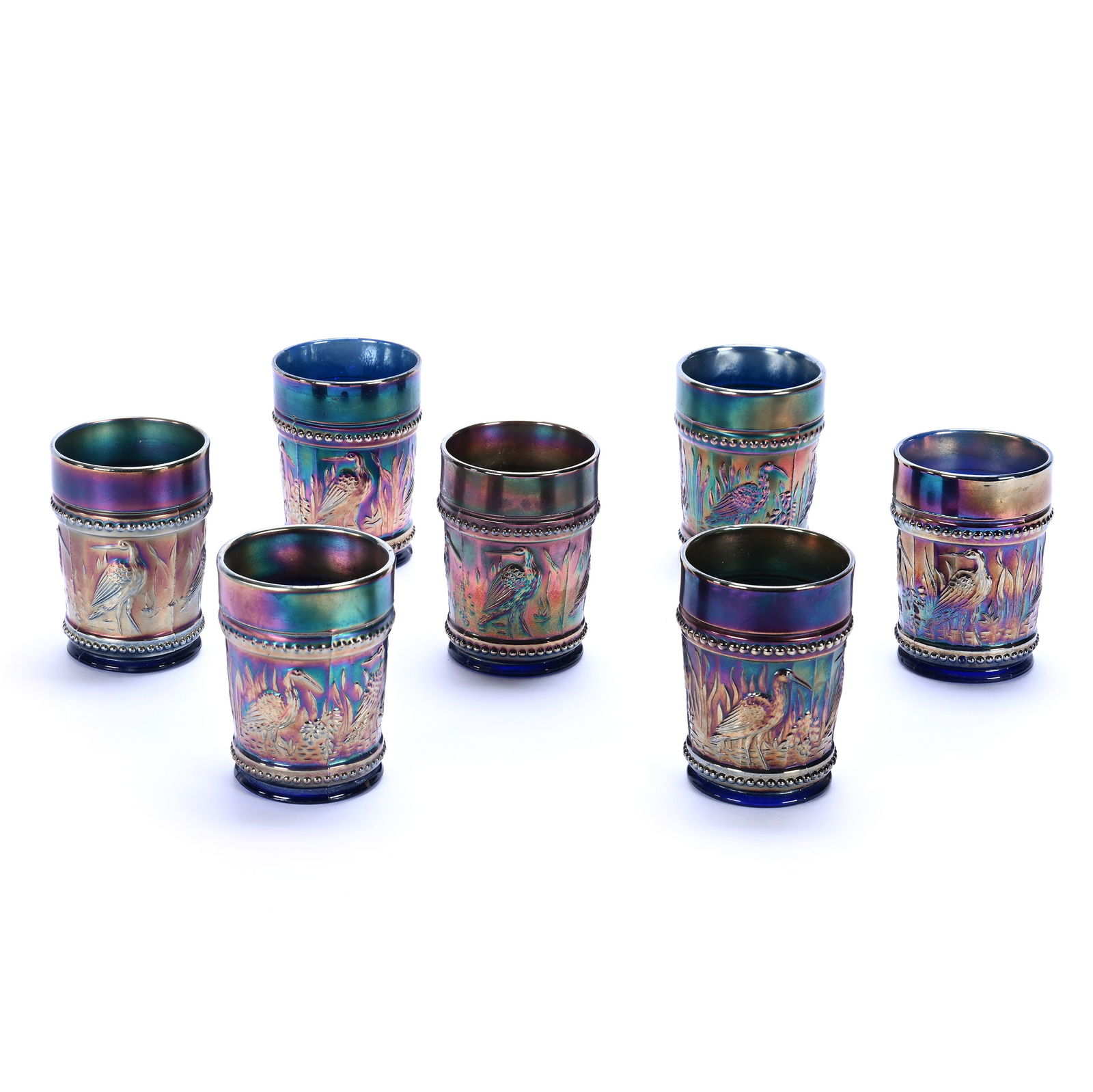 (7) Tumblers, Carnival Glass, Stork And Rushes Pattern By Dugan: (7) Tumblers, Carnival Glass, Stork And Rushes Pattern By Dugan, 4", Blue, Lou And The Late Norman Darland, TN.