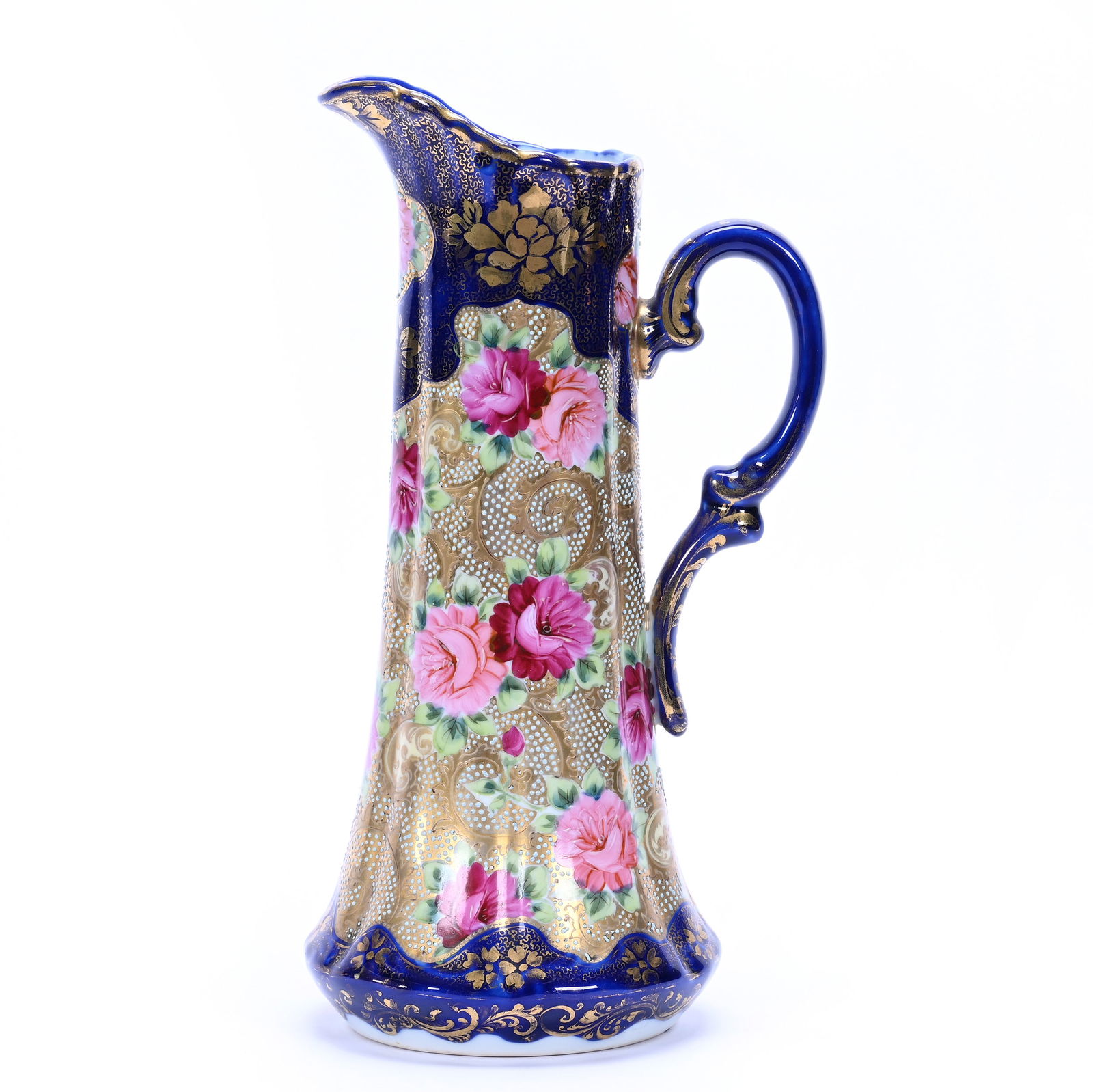 Tankard, Unmarked Nippon, Gold Background With Pink Rose Decor: Tankard, Unmarked Nippon, Gold Background With Pink Rose Decor, 15.75" x 8", Blue Enamel Tapestry Highlights, Cobalt Blue Border, Lou And The Late Norman Darland, TN.