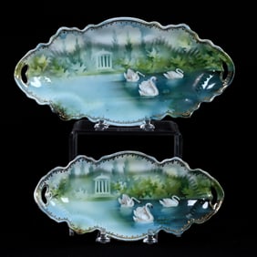 (2) Trays, Marked R.S. Prussia, Swan And Gazebo Scenic Decor