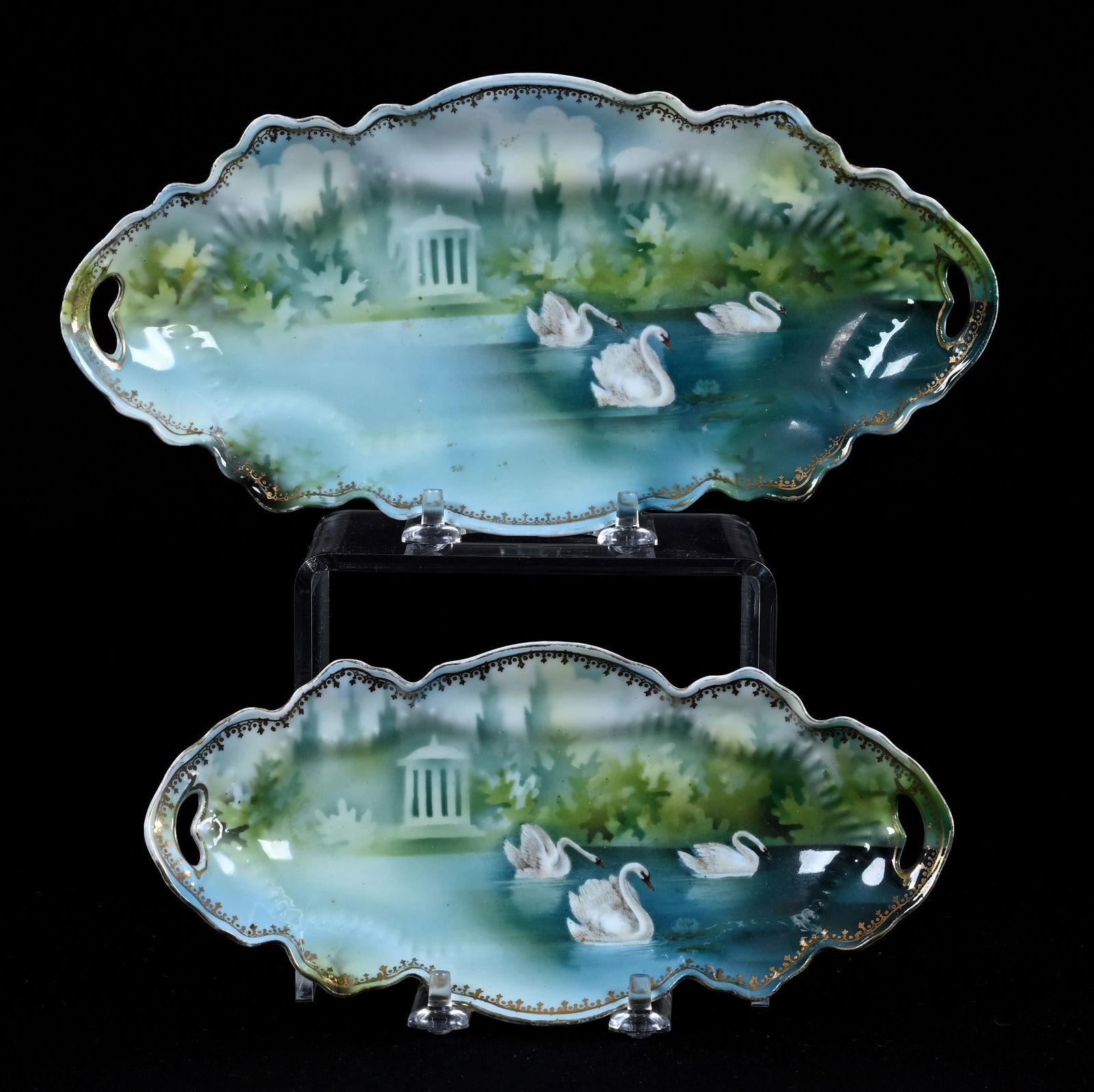 (2) Trays, Marked R.S. Prussia, Swan And Gazebo Scenic Decor (1 of 2)