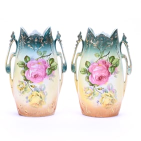 Pair Of Two-Handled Vases, Unmarked Germany, Pink And Yellow Rose Decor