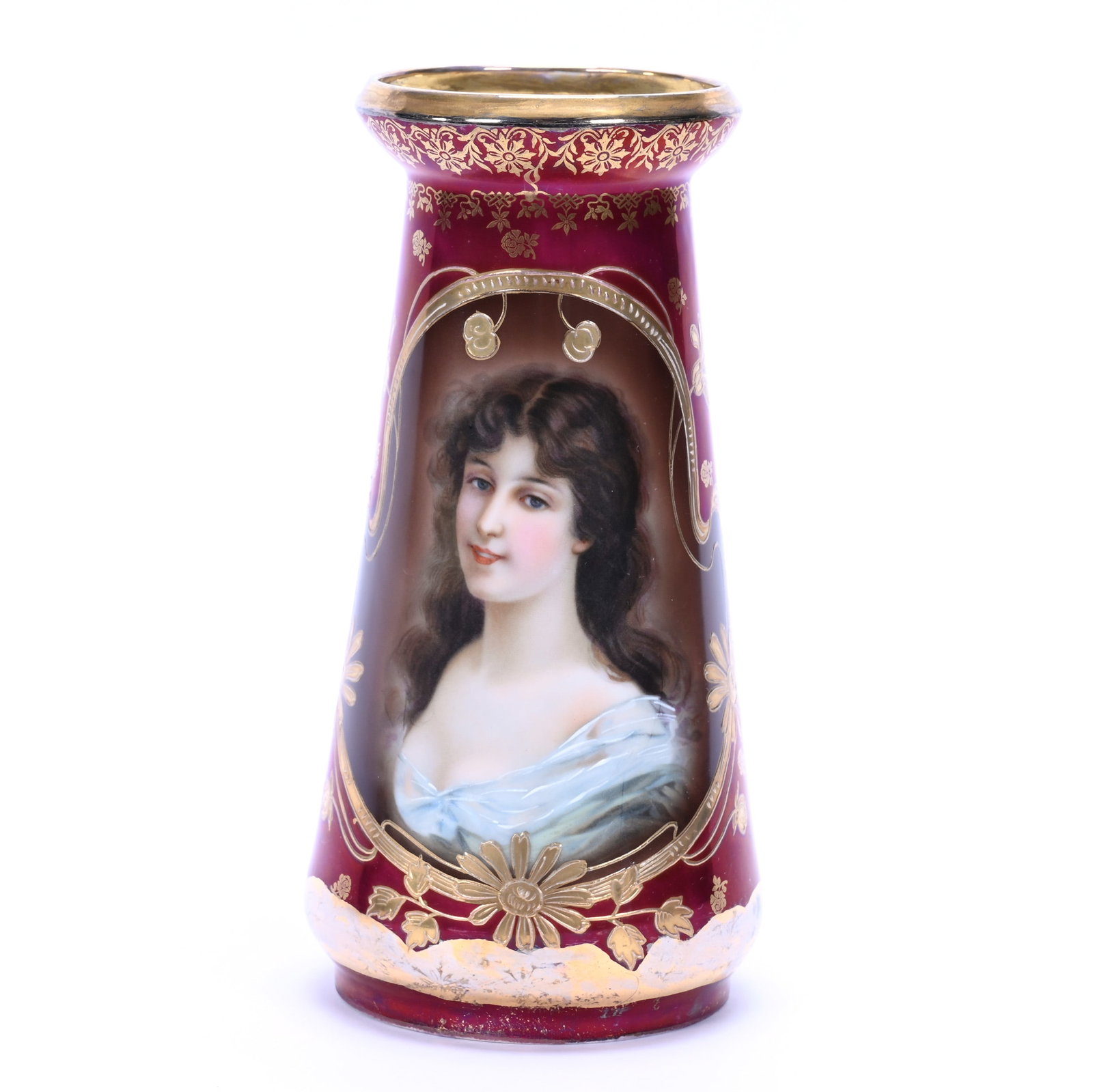 Vase, Marked Royal Vienna, Portrait Of Young Woman: Vase, Marked Royal Vienna, Portrait Of Young Woman, 9.75" x 5", Brown Background With Maroon Border, Gold Stencil Highlights, Lou And The Late Norman Darland, TN.