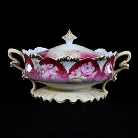 Two-Handled Cracker Jar, Unmarked R.S. Prussia, Pink And Yellow Rose Decor