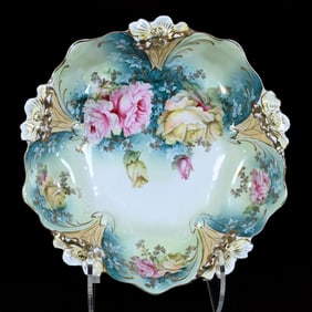 Bowl, Unmarked R.S. Prussia, Lily Mold, Pink And Yellow Rose Decor
