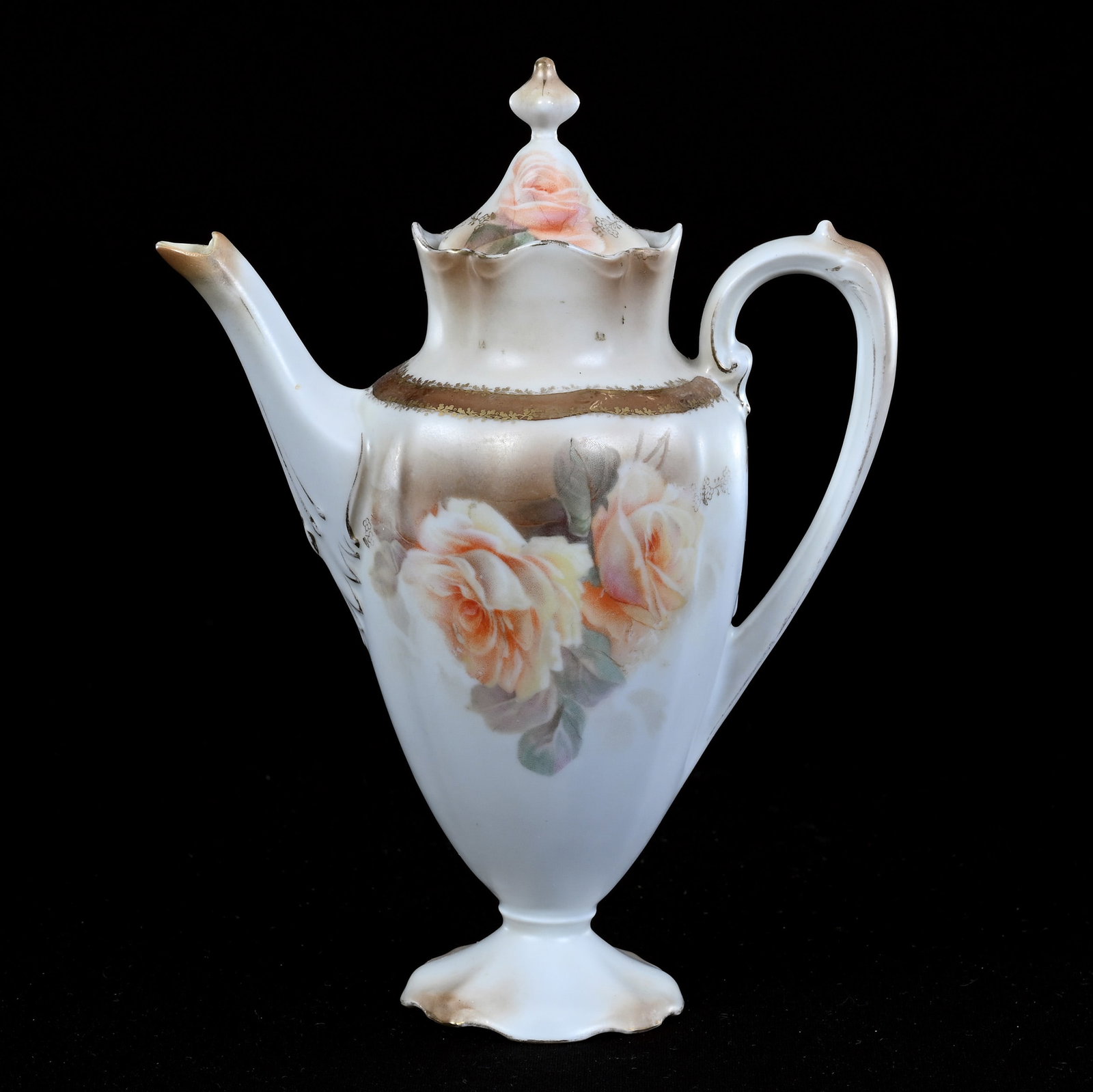 Pedestal Demitasse Pot, Marked R.S. Prussia, Yellow Rose Decor: Pedestal Demitasse Pot, Marked R.S. Prussia, Yellow Rose Decor, 8" x 6", Brown And White Satin Finish, Small Spout Touch-Up, Lou And The Late Norman Darland, TN.