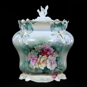 Biscuit Jar, Marked R.S. Prussia, Iris Mold, Rose Decor