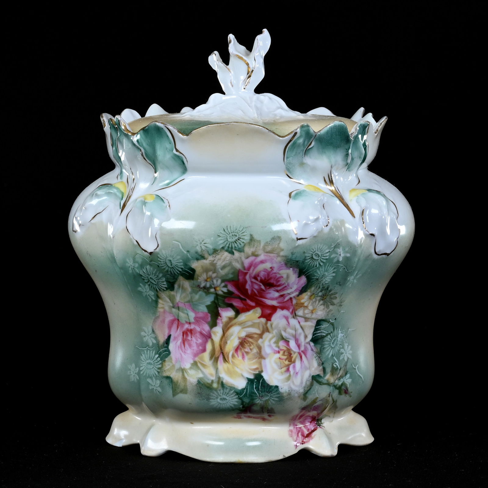 Biscuit Jar, Marked R.S. Prussia, Iris Mold, Rose Decor (1 of 4)