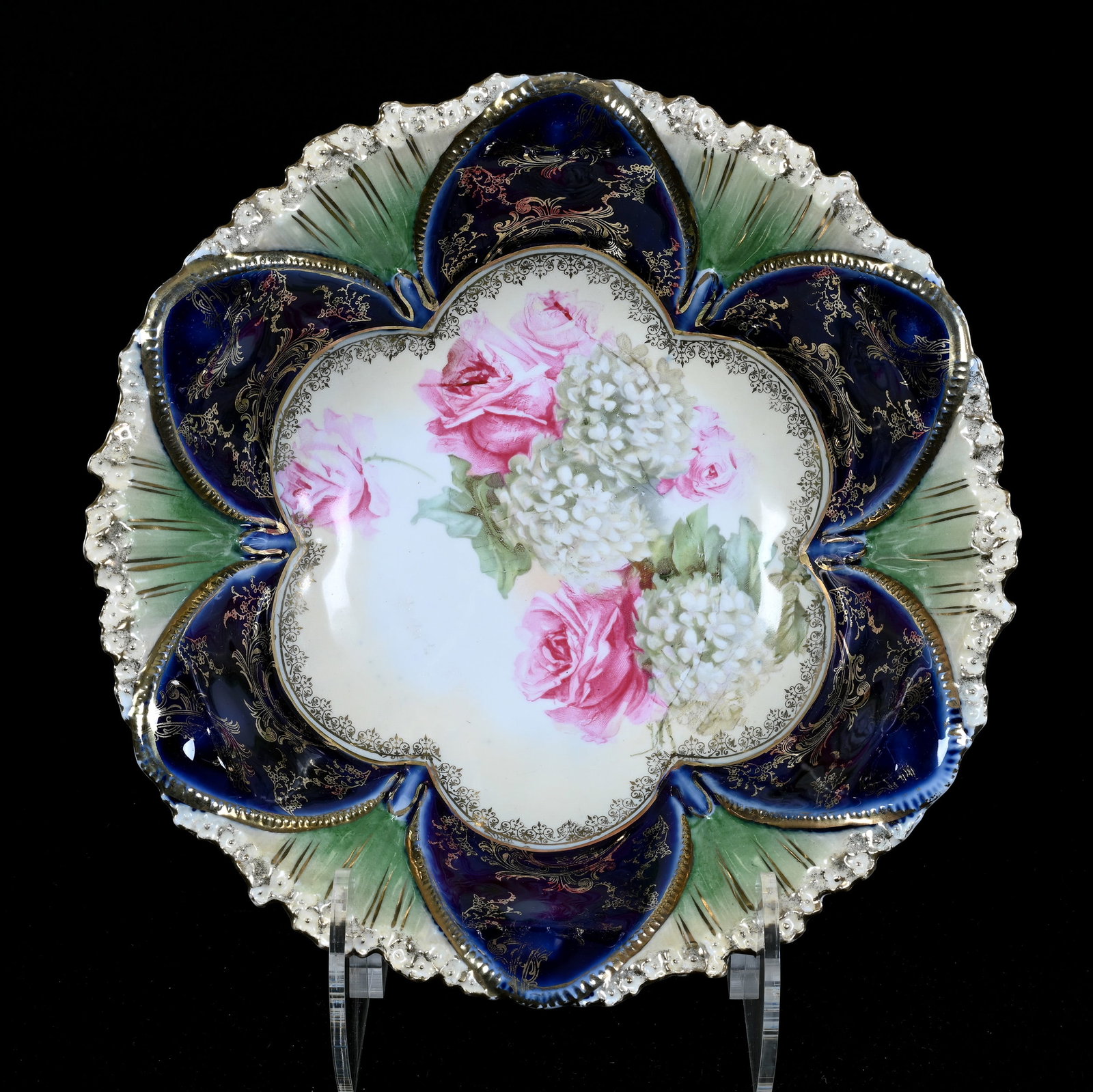 Bowl, Marked R.S Prussia, Mold #91, Snowball And Rose Decor: Bowl, Marked R.S Prussia, Mold #91, Snowball And Rose Decor, 10.75", Cream And Green Tones With Cobalt Blue Domes, Gold Stencil Highlights, Lou And The Late Norman Darland, TN.