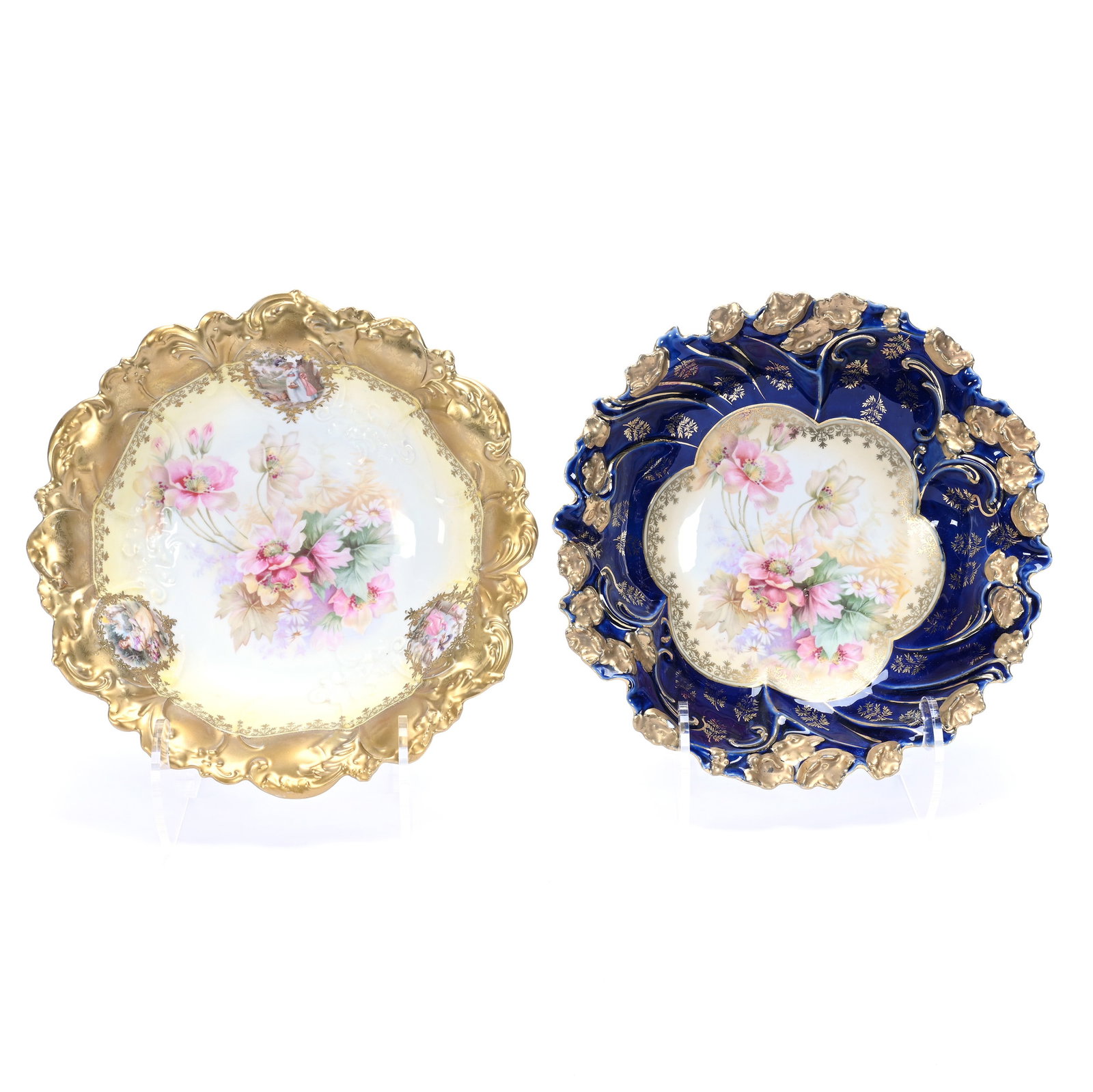 (2) Bowls, Unmarked R.S. Prussia, Wild Floral Centers, Selling As Is: (2) Bowls, Unmarked R.S. Prussia, Wild Floral Centers, Selling As Is, 10.5", (1) Cobalt Blue Border, Crows Foot, Has A Surface Chip, (1) Yellow And White Tones With Gold Border, Medallions Featuring W