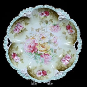 Two-Handled Cake Plate, Marked Wheelock Prussia, Rose And Poppy Decor