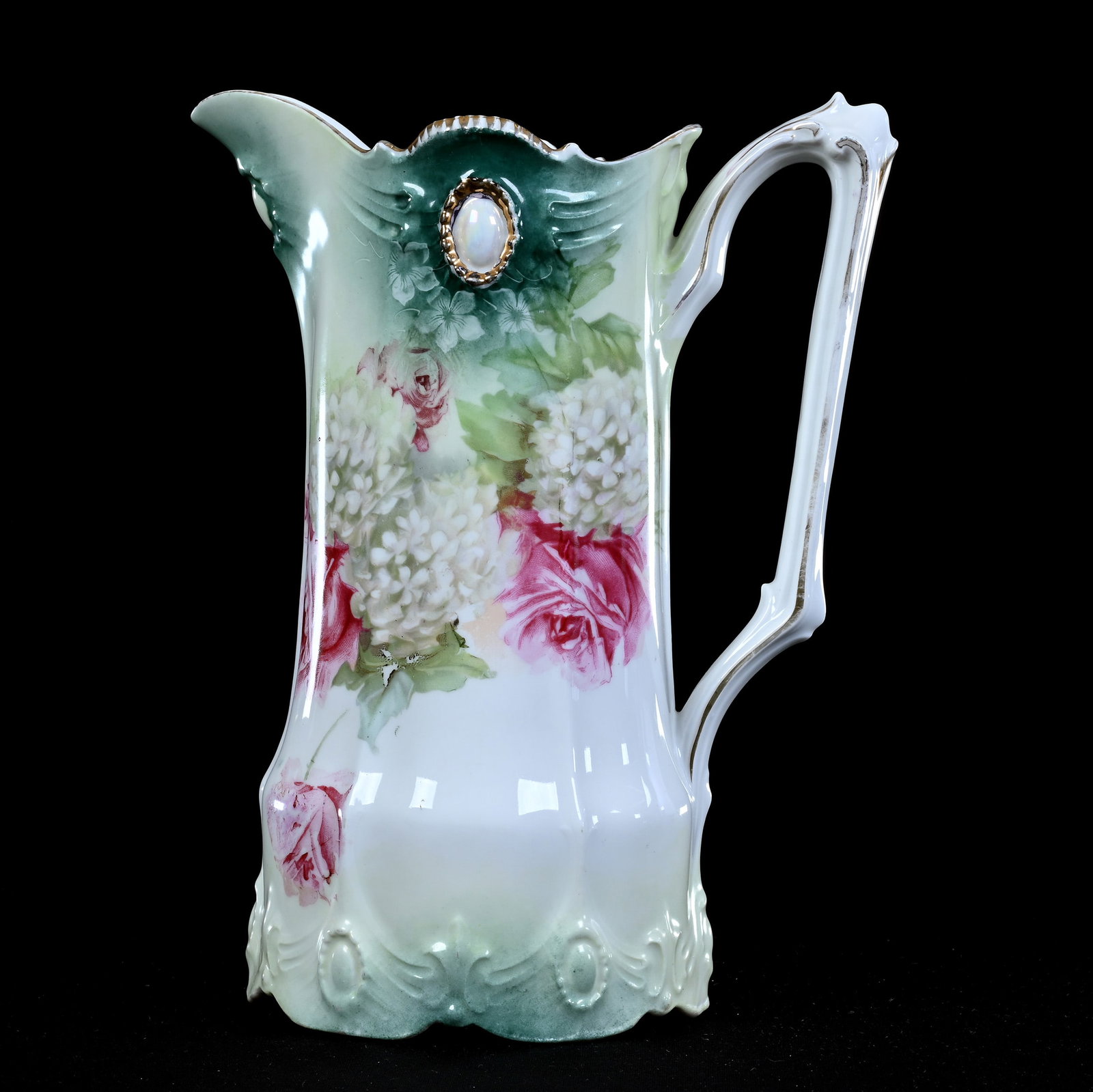 Pitcher, Marked R.S. Prussia, Ribbon And Jewel Mold: Pitcher, Marked R.S. Prussia, Ribbon And Jewel Mold, 4.5" x 7.25", Snowball And Rose Decor, Green And White Tones, Opal Jewel Highlights, Lou And The Late Norman Darland, TN.