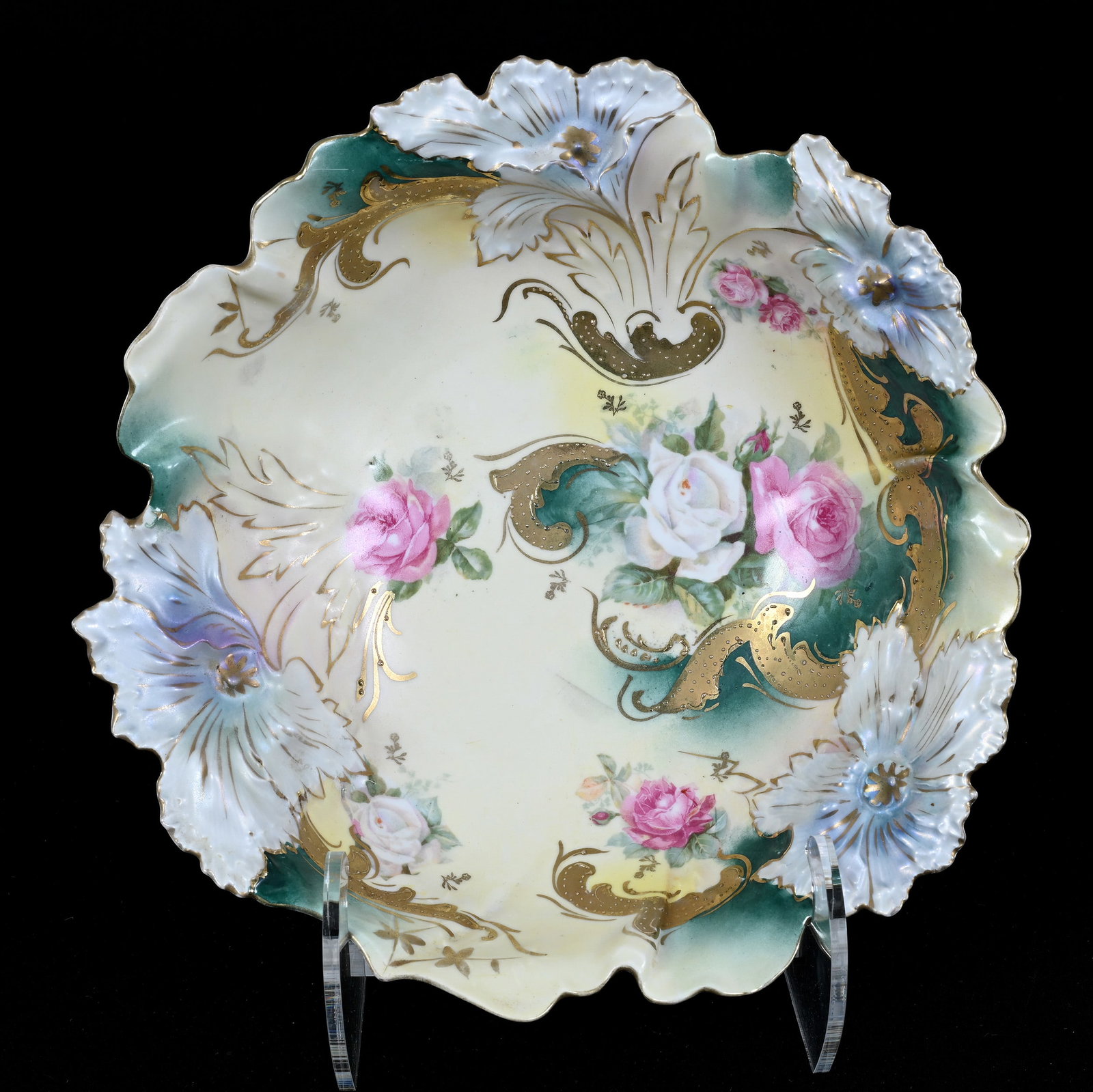 Bowl, Marked R.S. Prussia, Carnation Mold: Bowl, Marked R.S. Prussia, Carnation Mold, 10.25", Pink And White Rose Decor, Green And Yellow Tones, Gold Trim Highlights, Lou And The Late Norman Darland, TN.