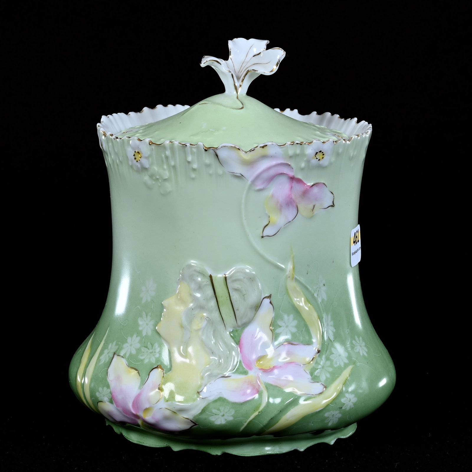 Biscuit Jar, Unmarked R.S. Prussia, Hidden Image Mold: Biscuit Jar, Unmarked R.S. Prussia, Hidden Image Mold, 7"x 6", Green Tones With Pink And Yellow Highlights, Lou And The Late Norman Darland, TN.