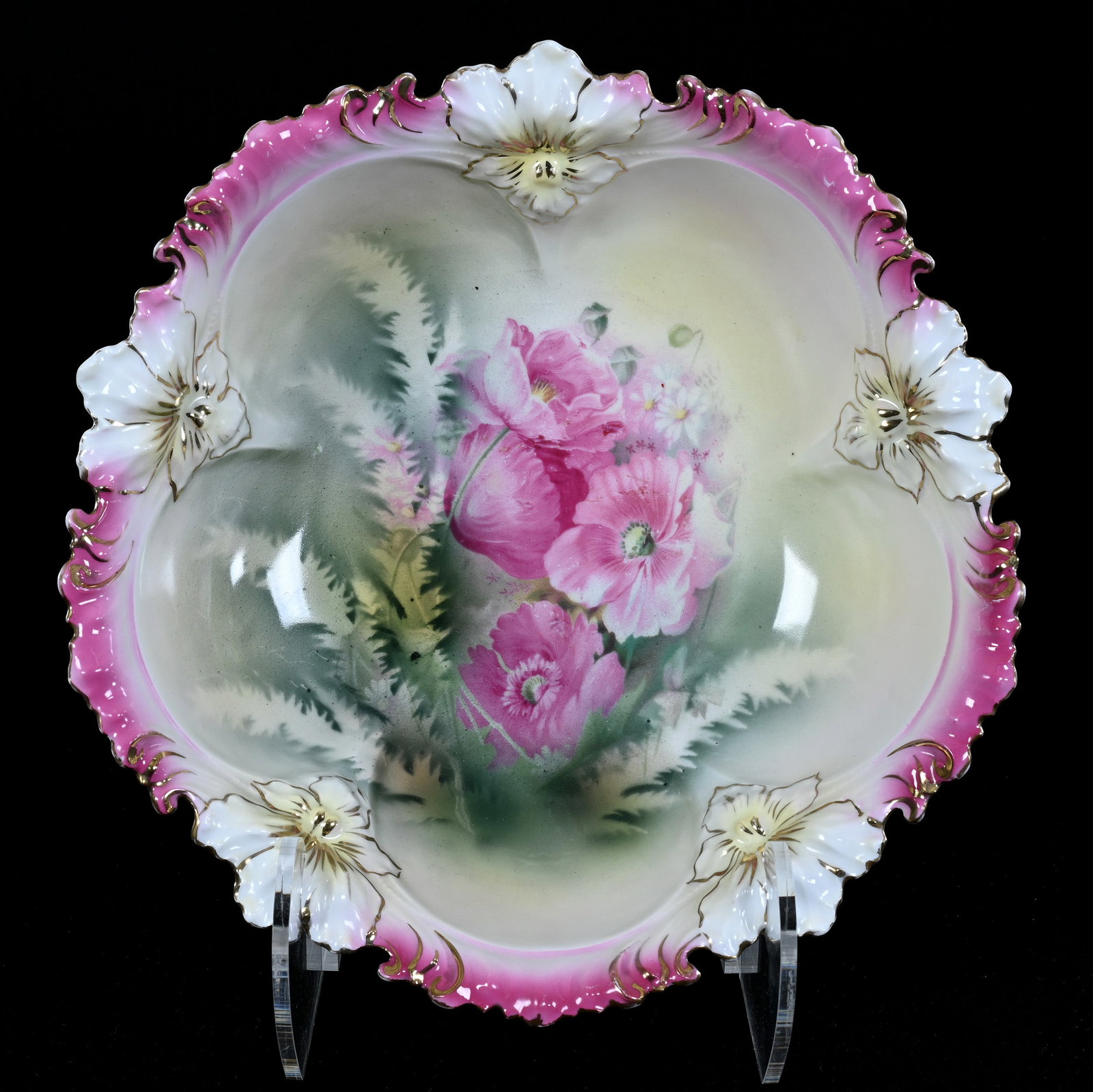 Bowl, Marked R.S. Prussia, Mold #55: Bowl, Marked R.S. Prussia, Mold #55, 10.5", Pink Poppy Decor, Green, Yellow, And Pink Tones, Lou And The Late Norman Darland, TN.