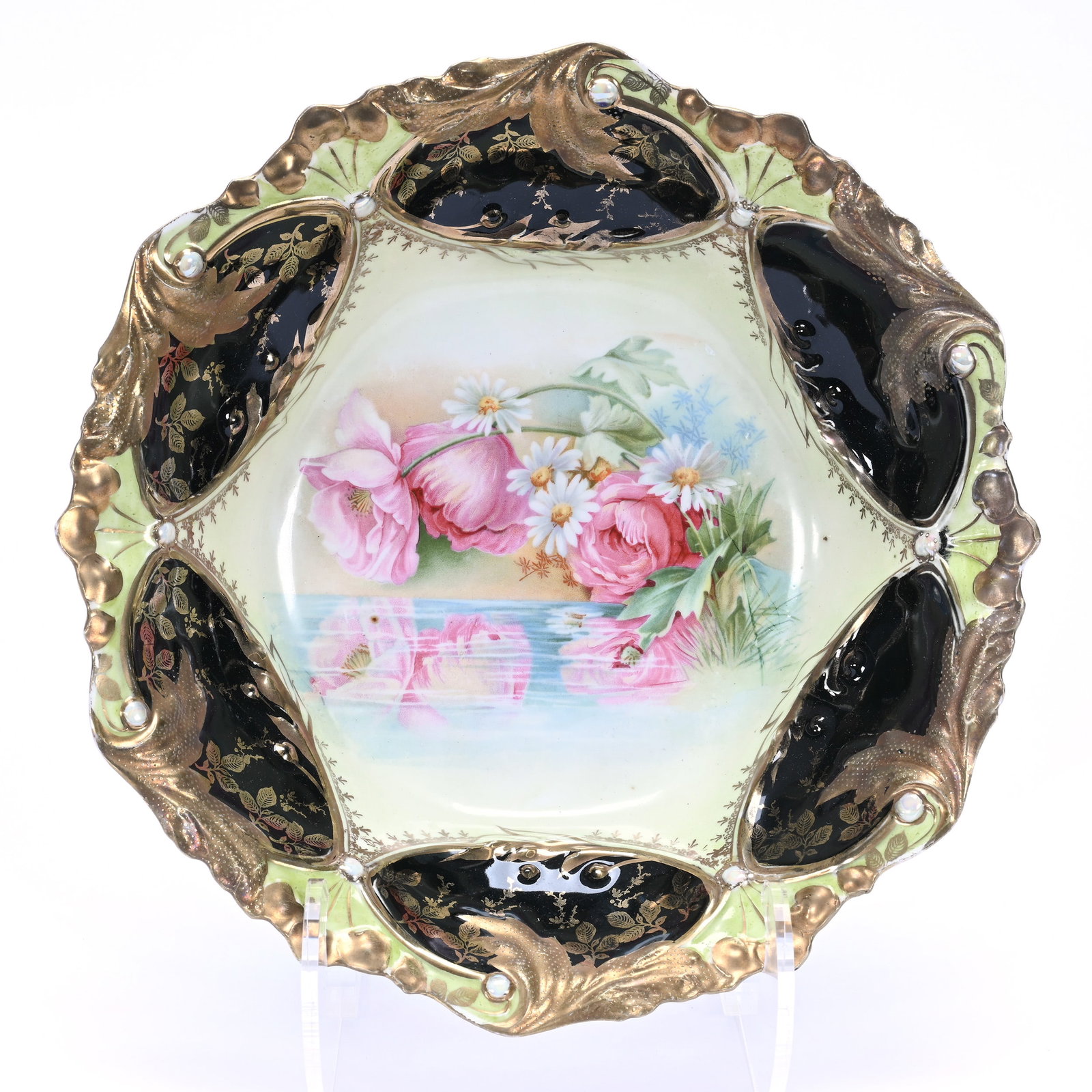 Bowl, Marked R.S. Prussia, Reflecting Floral Decor: Bowl, Marked R.S. Prussia, Reflecting Floral Decor, 11", Green Tones With Black Domes, Heavy Gold With Opal Jewel Highlights, Lou And The Late Norman Darland, TN.