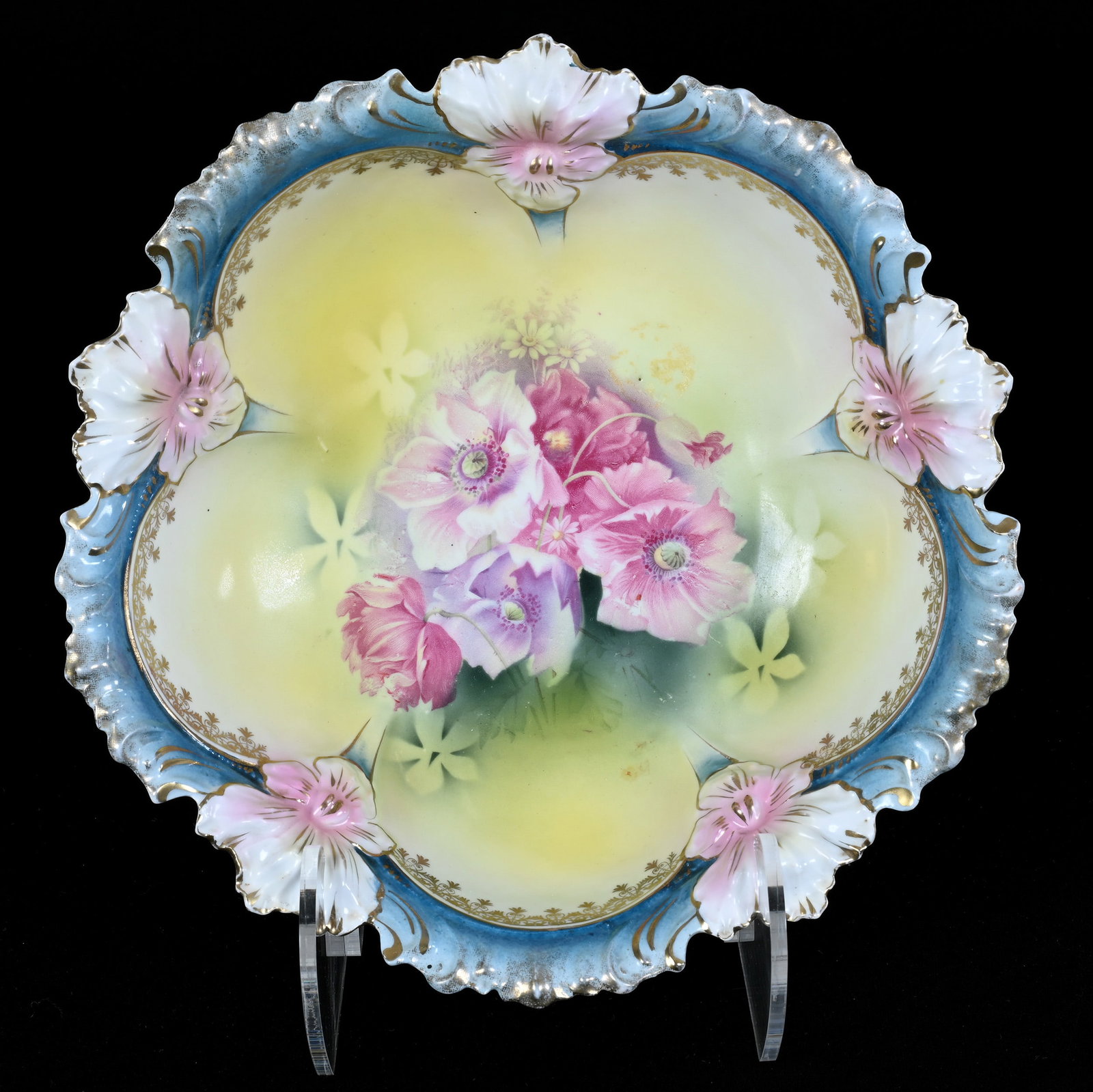 Bowl, Marked R.S. Prussia, Mold #55: Bowl, Marked R.S. Prussia, Mold #55, 10.5", Poppy Decor, Yellow And Green Tones With Blue Border, Backside Hairline Touch-Up, Lou And The Late Norman Darland, TN.
