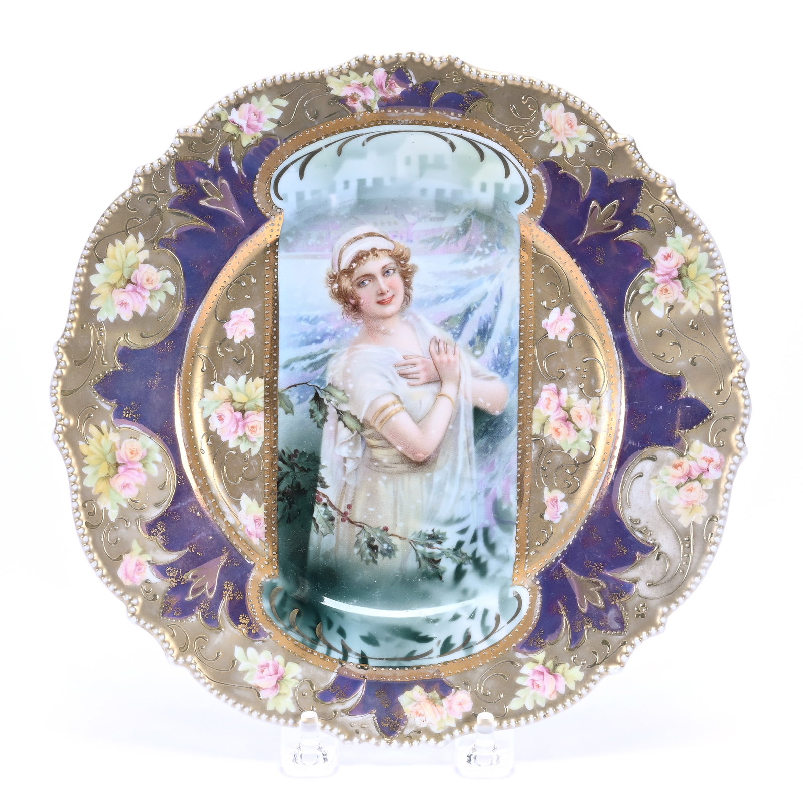 Plate, Marked R.S. Prussia, Winter Season Keyhole Portrait: Plate, Marked R.S. Prussia, Winter Season Keyhole Portrait, 8.75", Iridescent Bronze Border With Heavy Gold, Has Small Back Side Hairline, Lou And The Late Norman Darland, TN.