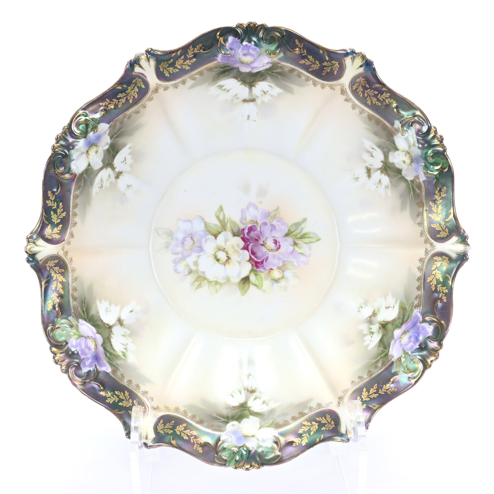 Bowl, Marked R.S. Prussia, Lavender And White Floral Decor: Bowl, Marked R.S. Prussia, Lavender And White Floral Decor, 10.25", Green And White Satin Finish With Iridescent Tiffany Border, Lou And The Late Norman Darland, TN.