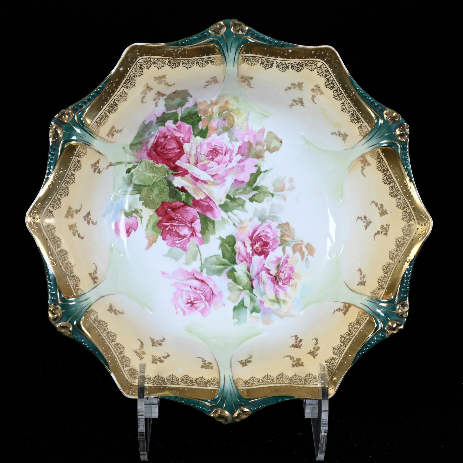 Bowl, Marked R.S. Prussia, Pink Rose Decor: Bowl, Marked R.S. Prussia, Pink Rose Decor, 10.75", Cream And White Tones With Green Border, Gold Stencil Highlights, Lou And The Late Norman Darland, TN.