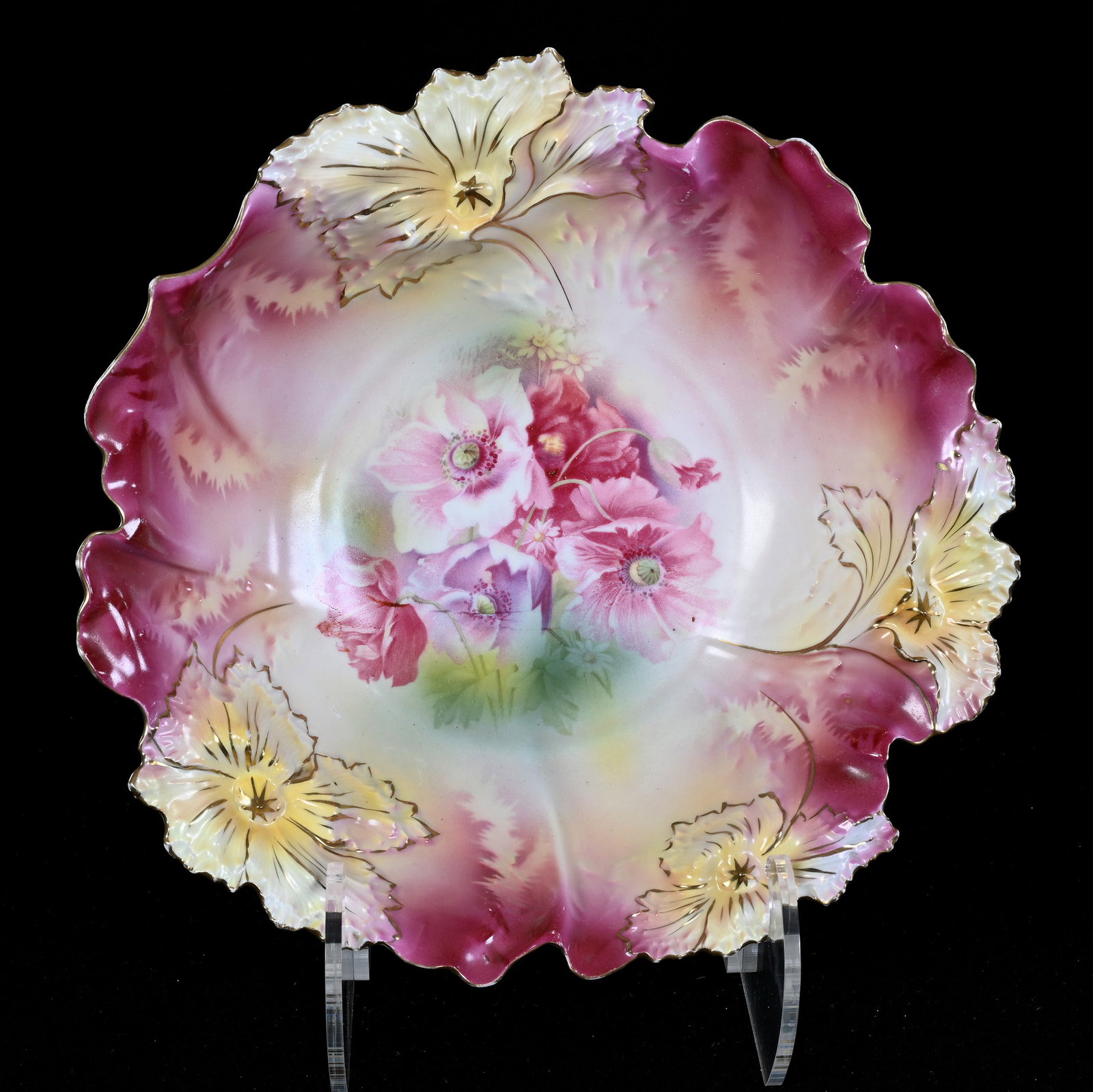 Bowl, Marked R.S. Prussia, Carnation Mold: Bowl, Marked R.S. Prussia, Carnation Mold, 10.25", Poppy Decor, Pink And Yellow Tones, Lou And The Late Norman Darland, TN.