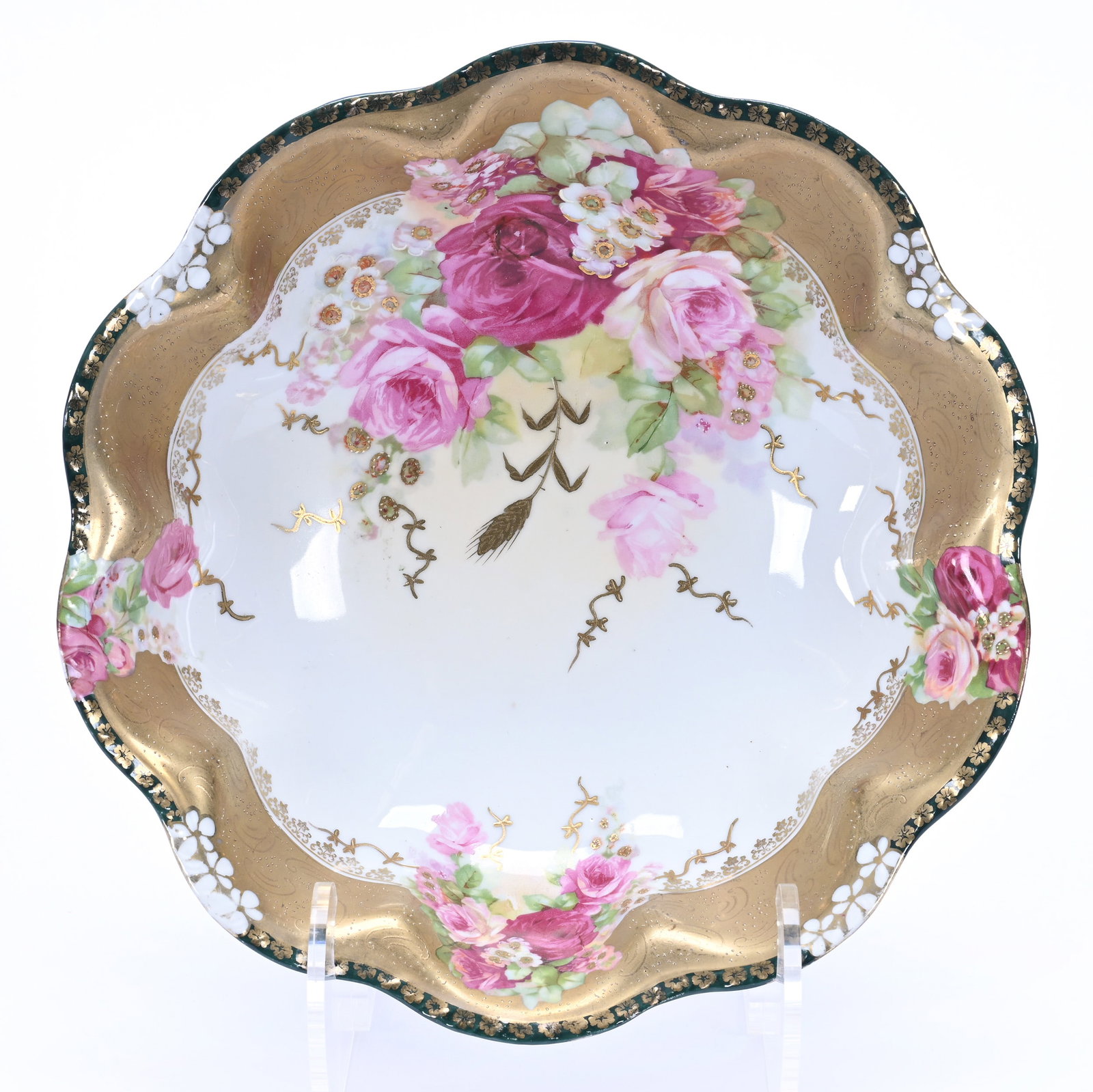 Bowl, Marked Bohemia, Pink Rose Decor: Bowl, Marked Bohemia, Pink Rose Decor, 10.5", White Background With Heavy Gold Border, Lou And The Late Norman Darland, TN.