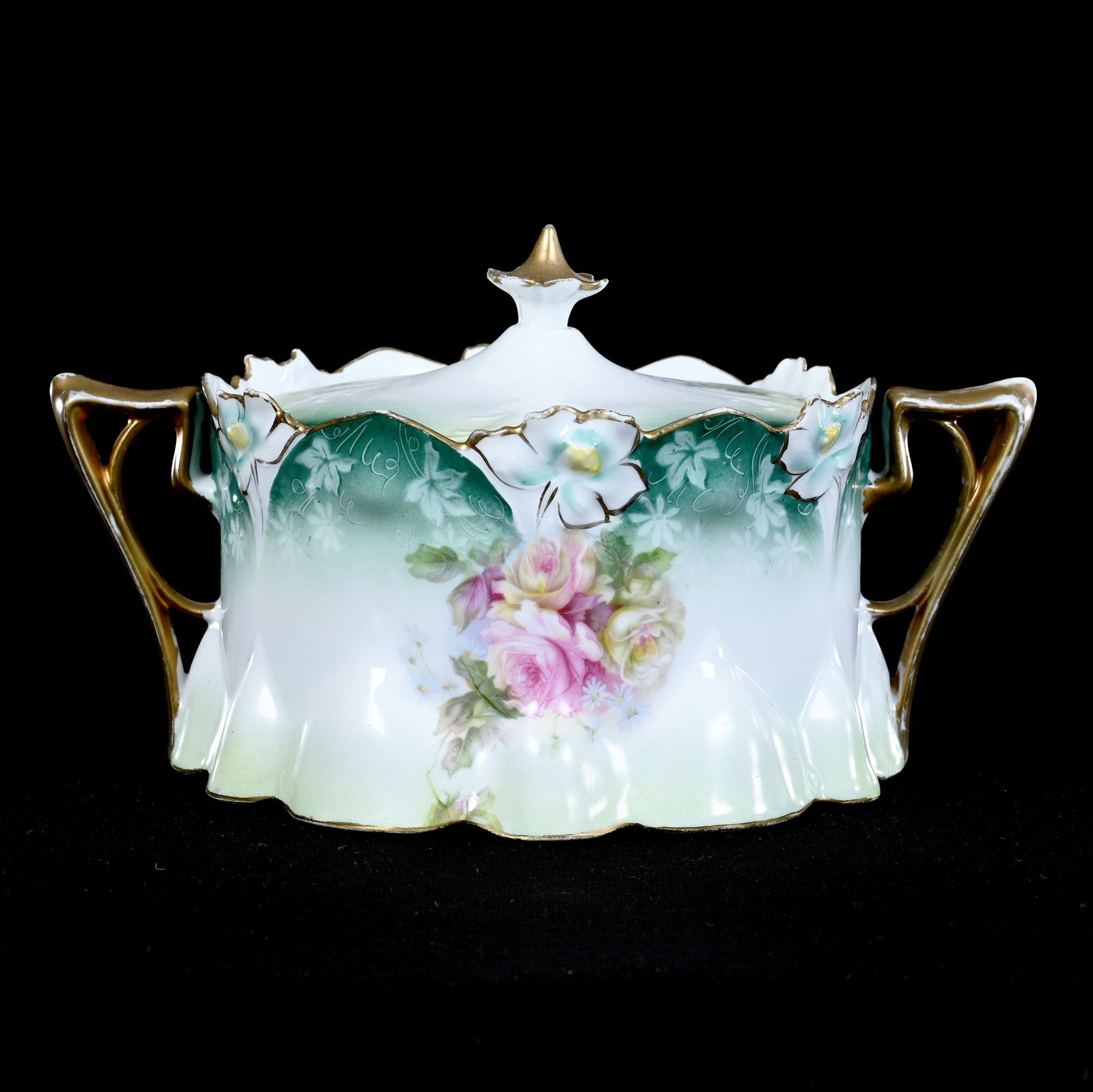 Two-Handled Cracker Jar, Unmarked R.S. Prussia, Lily Mold (1 of 3)