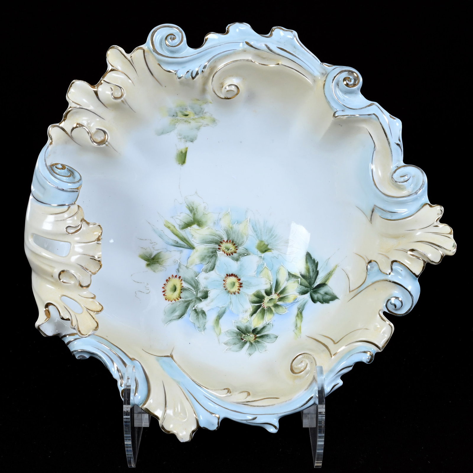 Fold-Over Bowl, Unmarked Prussia, Floral Decor: Fold-Over Bowl, Unmarked Prussia, Floral Decor, 11.25", Blue, Cream, And White Tones, Lou And The Late Norman Darland, TN.
