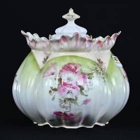 Biscuit Jar, Unmarked Prussia, Pink Floral Decor