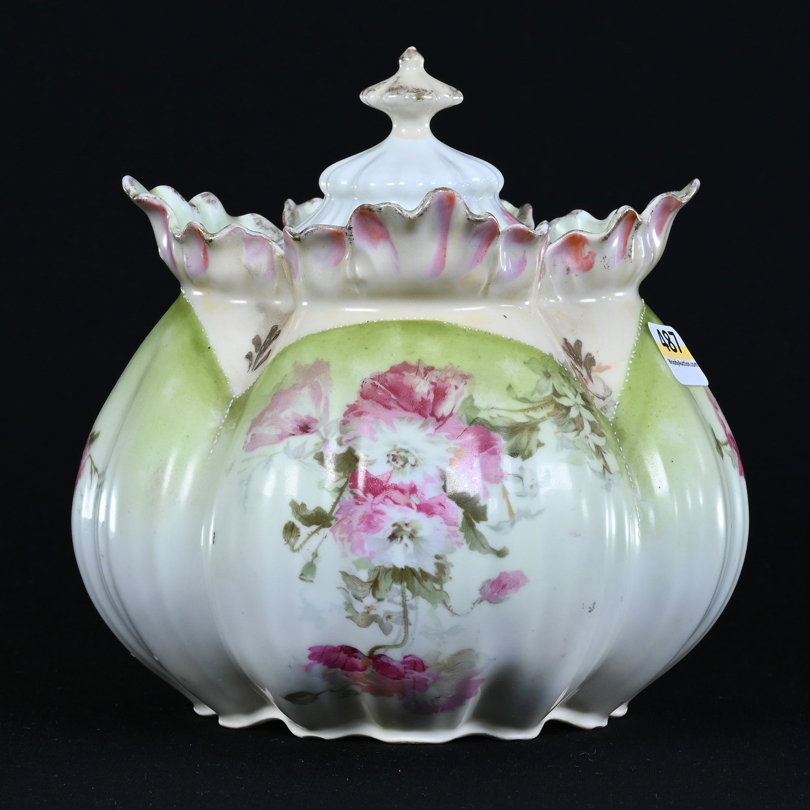 Biscuit Jar, Unmarked Prussia, Pink Floral Decor: Biscuit Jar, Unmarked Prussia, Pink Floral Decor, 6.5" x 6.25", Green, Cream, And White Tones, Interior Rim Chip, Lou And The Late Norman Darland, TN.