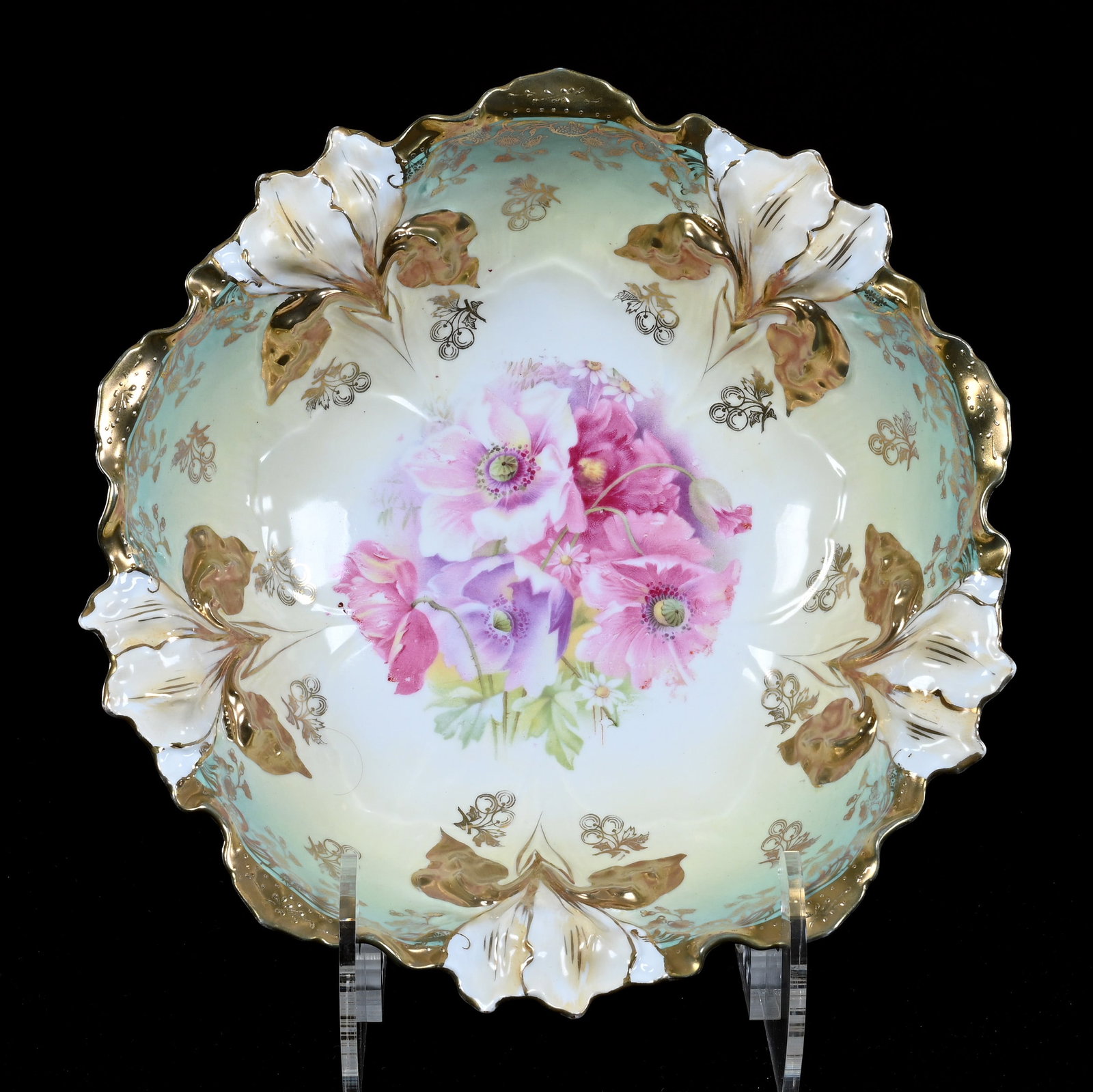 Bowl, Marked R.S. Prussia, Iris Mold: Bowl, Marked R.S. Prussia, Iris Mold, 10.5", Poppy Decor, Green And Cream Tones, Extensive Gold Highlights, Lou And The Late Norman Darland, TN.