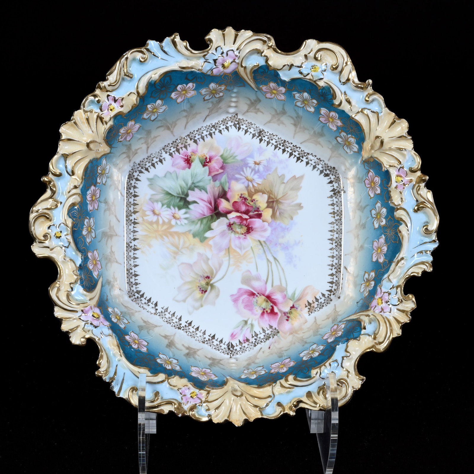 Six-Sided Bowl, Unmarked R.S. Prussia, Wild Floral Decor: Six-Sided Bowl, Unmarked R.S. Prussia, Wild Floral Decor, 10.5", Blue, Cream, And White Tones, Lou And The Late Norman Darland, TN.