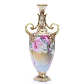 Pedestal Two-Handled Bolted Urn, Marked Nippon, Pink Rose Decor