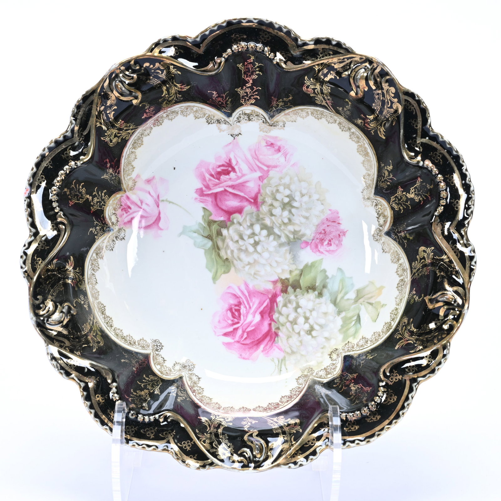 Bowl, Marked R.S. Prussia, Snowball And Rose Decor: Bowl, Marked R.S. Prussia, Snowball And Rose Decor, 10.5", White With Black Border, Extensive Gold Highlights, Lou And The Late Norman Darland, TN.