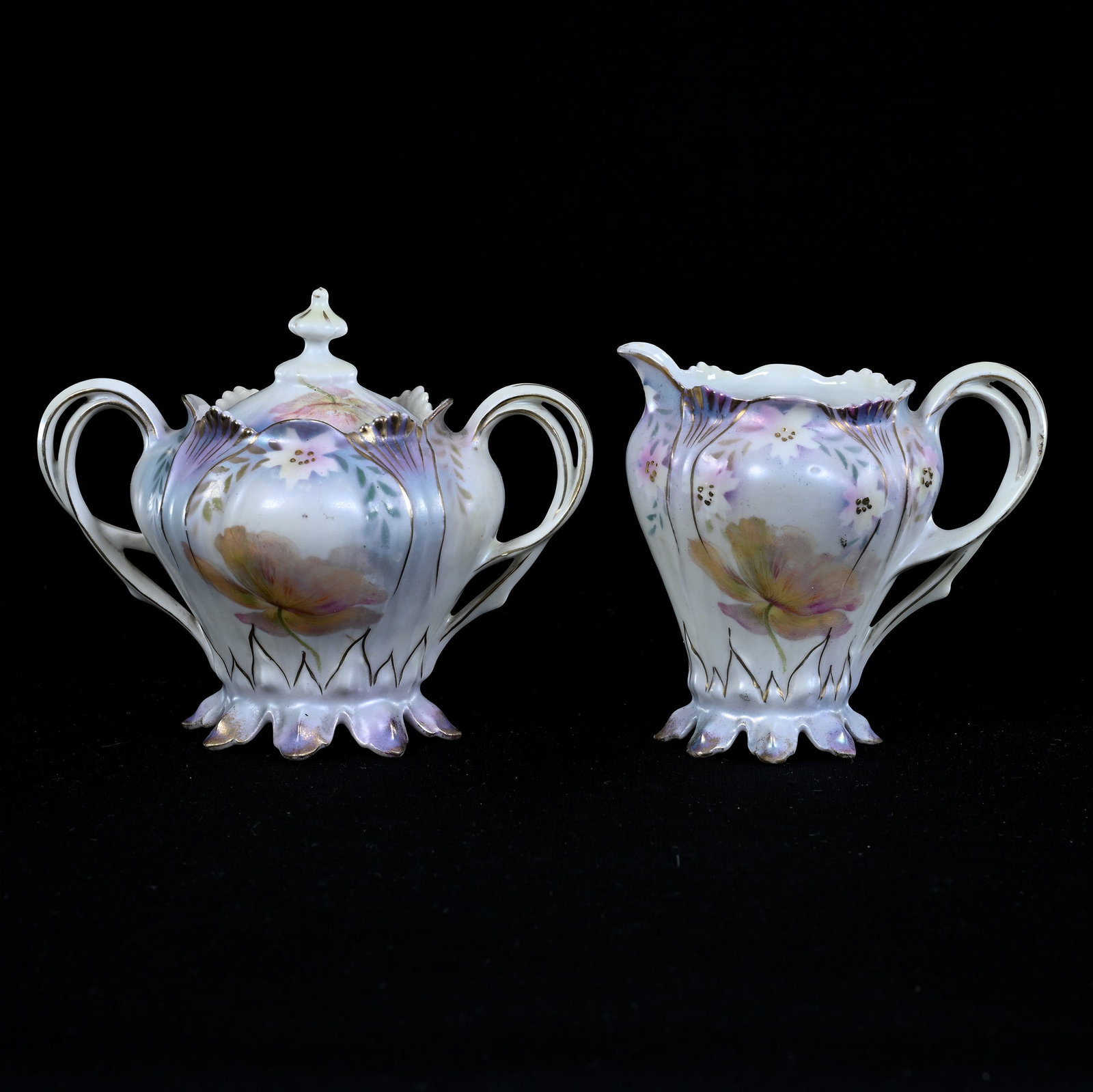 Creamer And Sugar, Marked R.S Prussia, Floral Decor: Creamer And Sugar, Marked R.S Prussia, Floral Decor, 4.25" x 5.25", White And Lavender Satin Finish, Sugar With Nick On Foot, Nice Set, Lou And The Late Norman Darland, TN.
