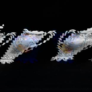 Creamer And Sugar, Marked R.S Prussia, Floral Decor: Creamer And Sugar, Marked R.S Prussia, Floral Decor, 4.25" x 5.25", White And Lavender Satin Finish, Sugar With Nick On Foot, Nice Set, Lou And The Late Norman Darland, TN.
