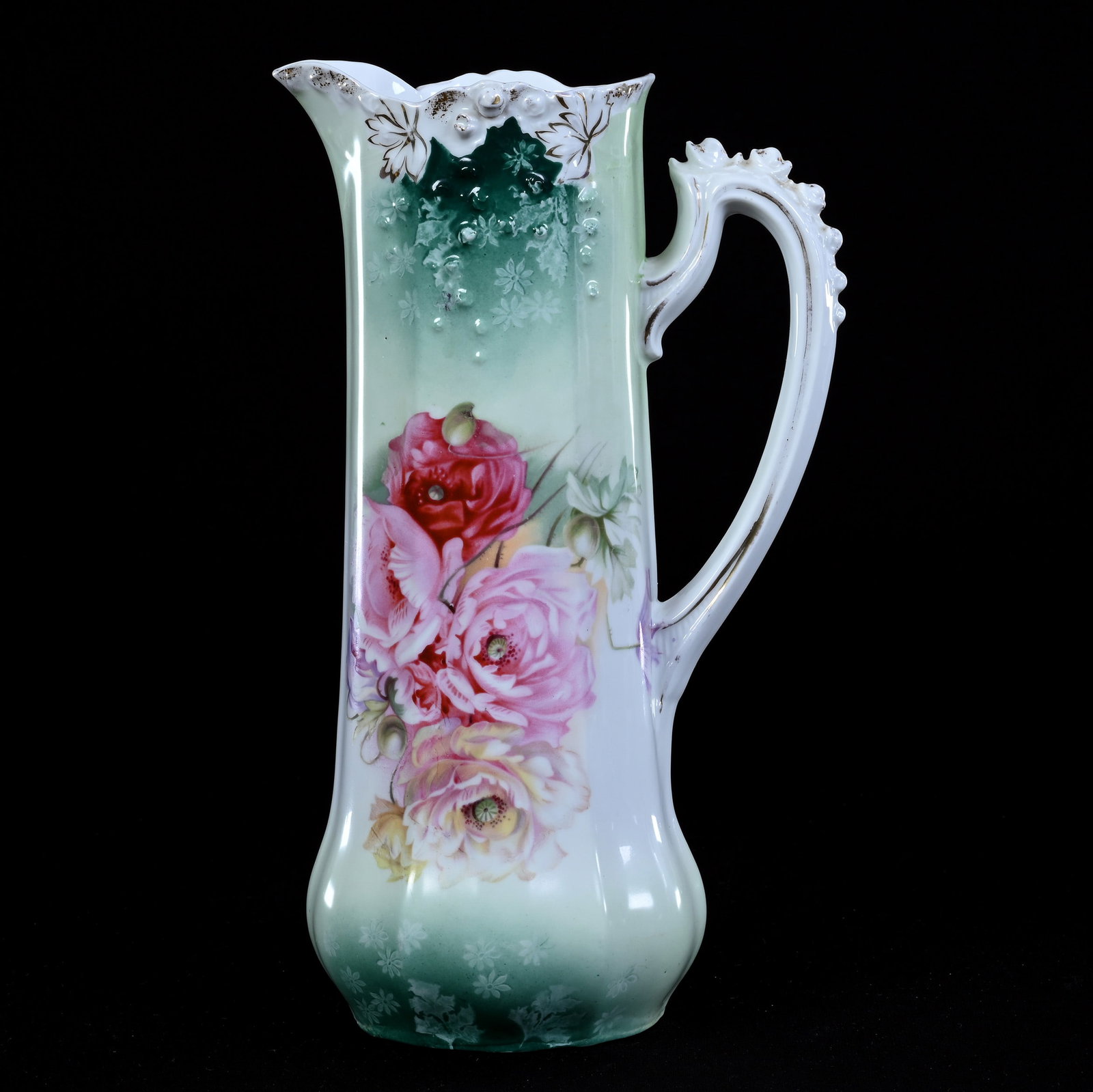 Tankard, Marked R.S. Prussia, Factory Mistake - Upside Down Flowers: Tankard, Marked R.S. Prussia, Factory Mistake - Upside Down Flowers, 11.5" x 6.5", Green And White Tones, Lou And The Late Norman Darland, TN.