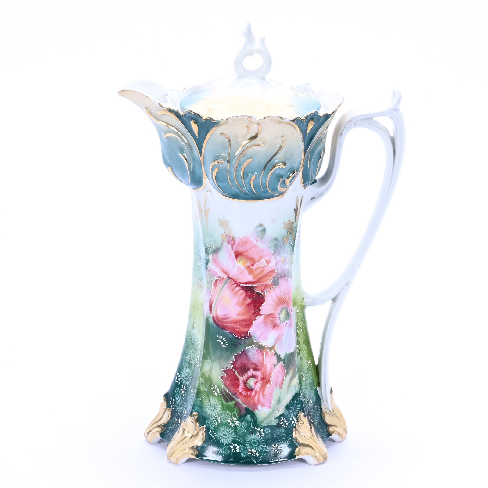 Chocolate Pot, Marked R.S. Prussia, Pink Poppy Decor: Chocolate Pot, Marked R.S. Prussia, Pink Poppy Decor, 10.5" x 7", Green, Cream, And White Tones, Lou And The Late Norman Darland, TN.