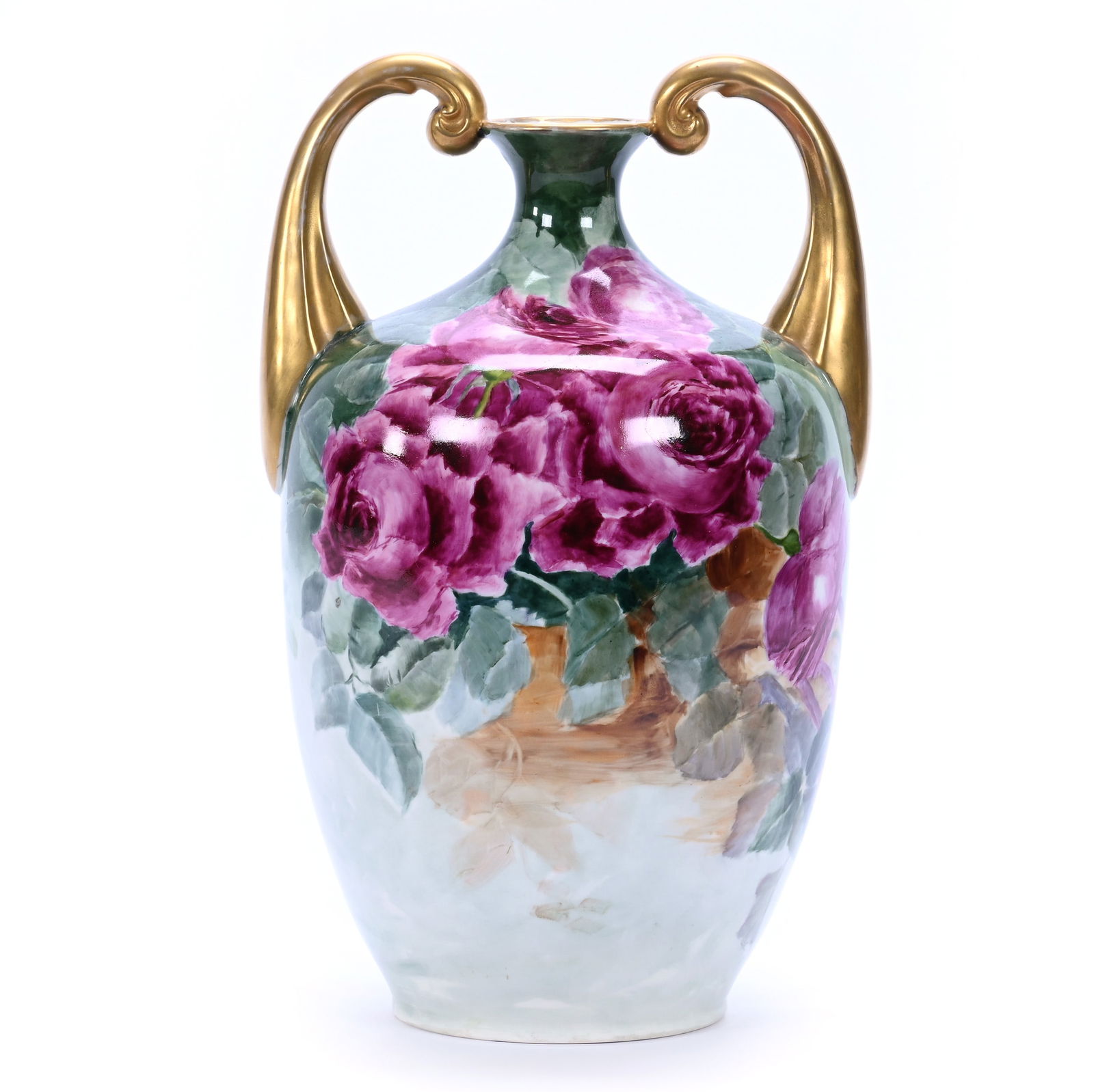 Two-Handled Vase, Unmarked American Belleek, Hand Painted Rose Decor (1 of 5)